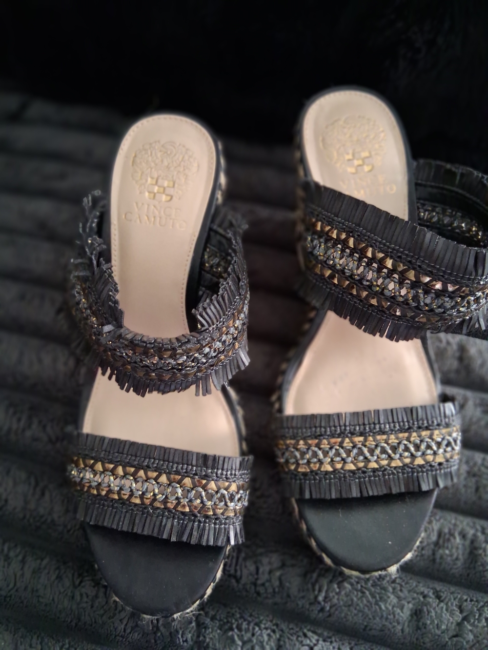 Vince Camuto Black Beaded Fringe Slide Sandals with Gold Accents
